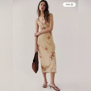 Free People "Meet Again Midi Dress" Beige with Pink Floral Embroidery